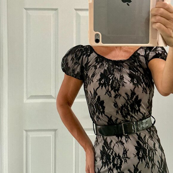 Mango black/blush cocktail lace dress with belt, short sleeves size xs - Picture 9 of 11